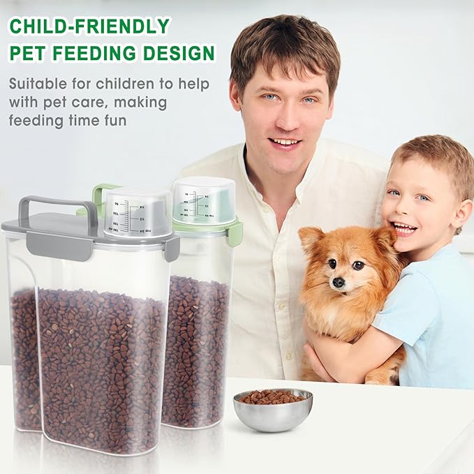 TBMax Pet Dog Cat Food Storage Containers 2 Pack 10 to 14 Lbs, Airtight Cat Food Dispenser with Large Spout & Portable Handle, Travel Dog Treat Storage Bin Bird Seed Container -Light Green/Light Grey