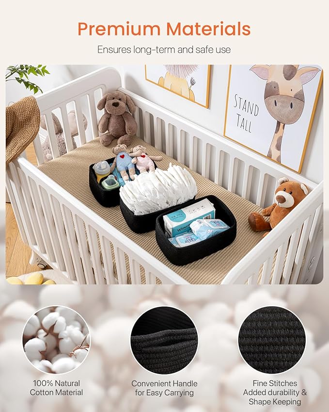 Small Woven Basket, 12 x 8 x 4.5 Inches, Storage Basket for Organizing, Cute Small Rope Shelf Closet Cube Storage Bins Baskets for Shelves, Dog Toy Gift Baskets Empty, 3 Packs, Black