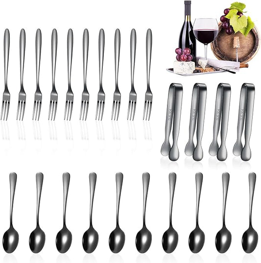 Cunhill 24 Pcs Charcuterie Accessories Mini Cocktail Tongs Small Serving Spoons and Appetizer Forks Stainless Steel Tongs Charcuterie Utensils for Valentine Party Supplies(Vivid Sharp Spoon,Black)