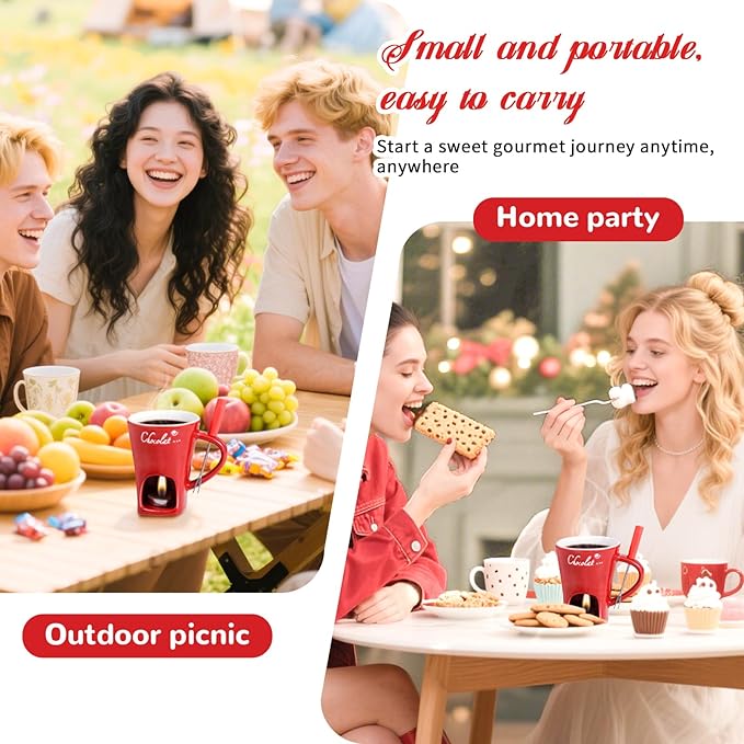Mini Sweet Fondue Cup, Ceramic Coffee Warmer Mug, Portable Chocolate Melting Cup with Fork for Cheese, Great for Adult/Kids for Camping/Date/Movie Night/Birthday/Wedding Gifts (Red)