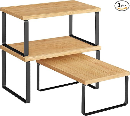 SONGMICS Cabinet Organizer Shelf, Set of 3 Kitchen Counter Shelves, Kitchen Storage, Spice Rack, Stackable, Expandable, Ink Black and Natural Beige UKCS014YL03