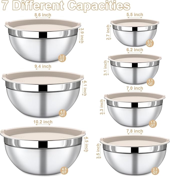 7 Piece Stainless Steel Mixing Bowls with Lids Set - Khaki Nesting Metal Mixing Bowls for Kitchen, Sizes 4.5, 4, 3.5, 2.1, 1.5, 1.1, 0.7 Qt for Baking, Cooking and Serving, Dishwasher Safe