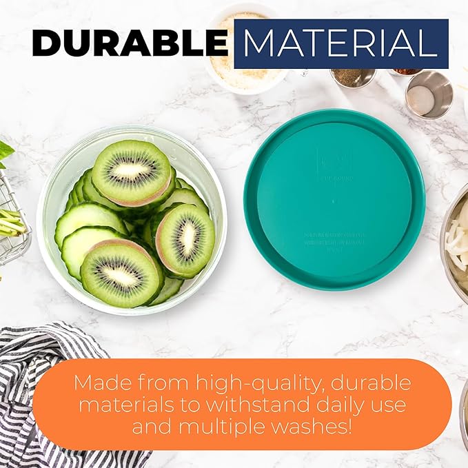 Replacement Lids for Pyrex Containers Round Glass Food Plastic - (2) 2-Cup Orange, (2) 4-Cup Teal, (2) 7-Cup Blue - BPA-Free, Dishwasher & Microwave Safe