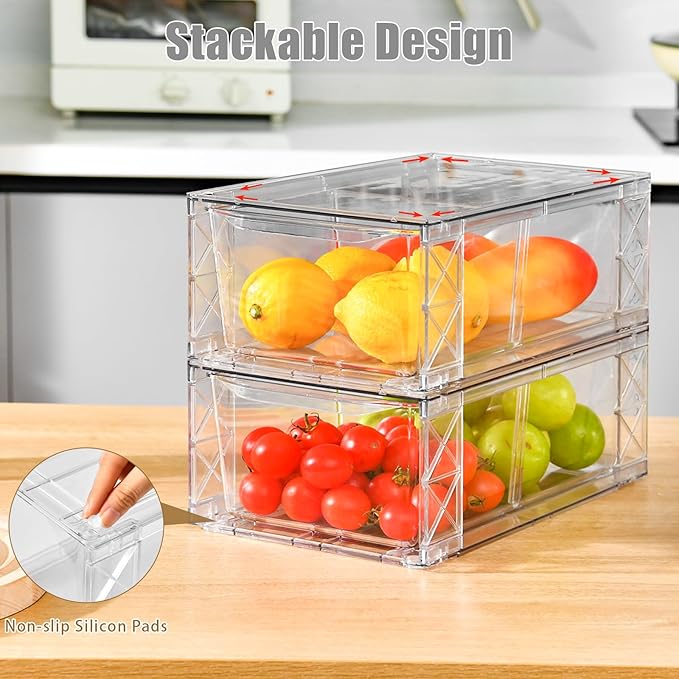 4Pack Clear Stackable Kitchen Storage Organizer,Pantry Organizers and Storage,Foods Organizer Bins with Handles, Easily Assemble for Bathroom, Kitchen, Refrigerator, Pantry, Cabinet, Closet