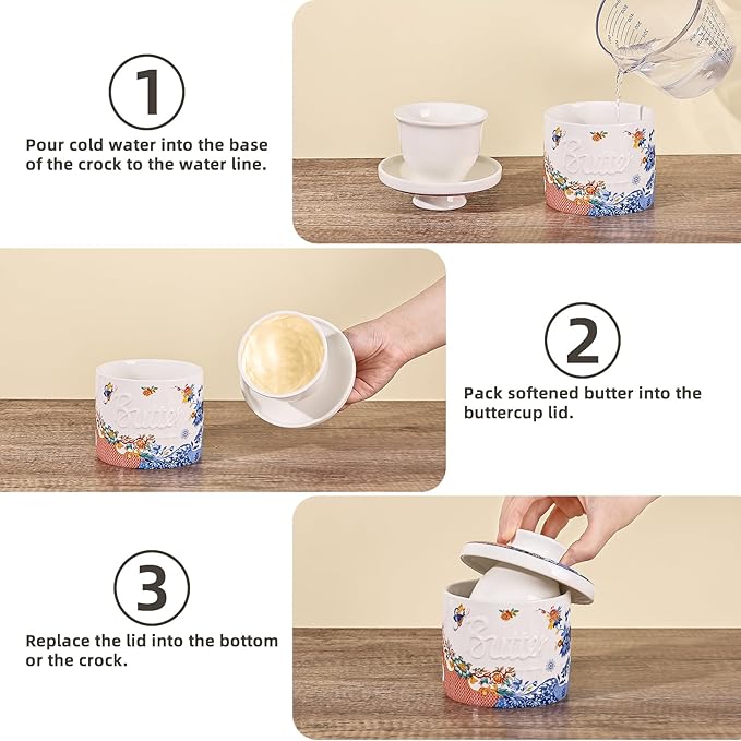 Butter Crock with Water Line, Ceramic Butter Keeper for Counter, French Butter Dish with Lid for Spreadable Fresh Butter (Orange and Blue Lotus)