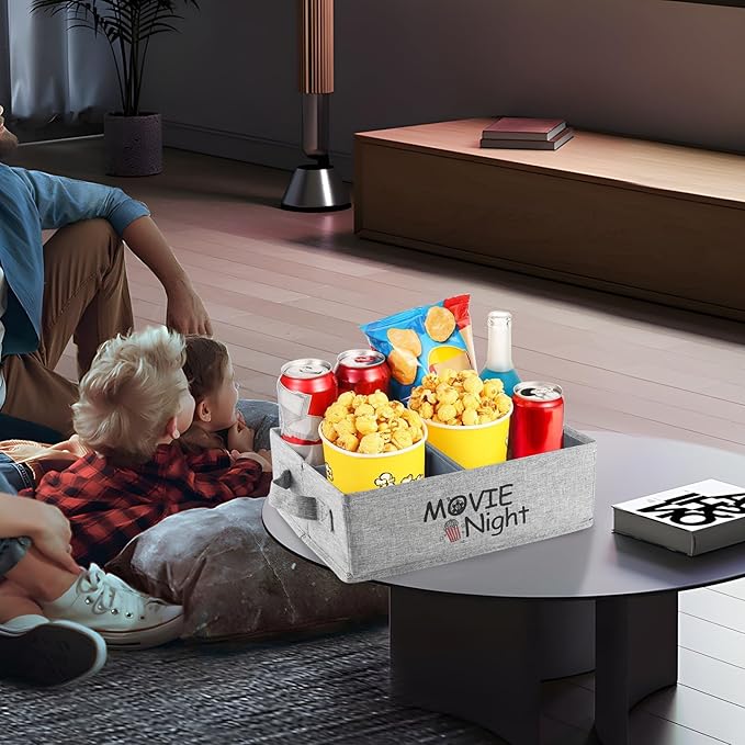 Snack Organizer for Countertop, Fabric Movie Night Snack Tray with Handles, 4 Compartment Collapsible Snack Basket, Snack Bar Station Organizer, Kitchen Pantry Organizer and Storage (Grey)