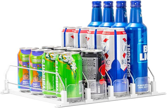 Rula Drink Organizer for Fridge, Self-Pushing Soda Can Dispenser for Mini Refrigerator, Width Adjustable Water Bottle Pusher Glide, White, 4 Rows,12.2” D