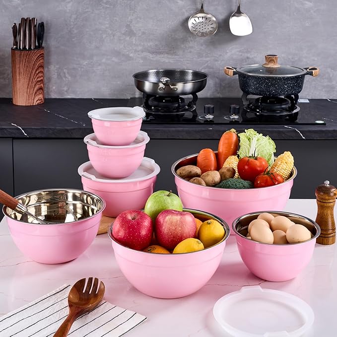 Pink Mixing Bowls With Airtight Lids,Stainless Steel Bowl,Salad Bowls 7 Piece Colorful Nesting Bowl Pink Kitchen Accessories,Size 7,3.6,2.7,2.1,1.5,1.1,0.8QT Stackable Design