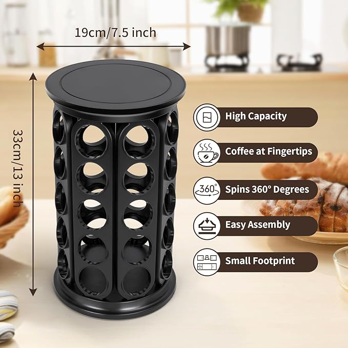 Coffee Pod Carousel Compatible with K-Cup Pods, K Cup Holder Holds 40 Coffee Capsule, New Modern Design for Kitchen Office Countertop or Coffees Station Organizer, Detachable (Black)