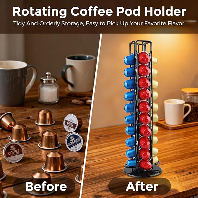 Coffee Pod Holder Compatible with Nespresso Original Capsule– Holds 40 Pods, 360° Rotating Coffee Carousel Storage, Space-Saving Countertop Organizer, Stylish Gift for Coffee Lovers (Black)