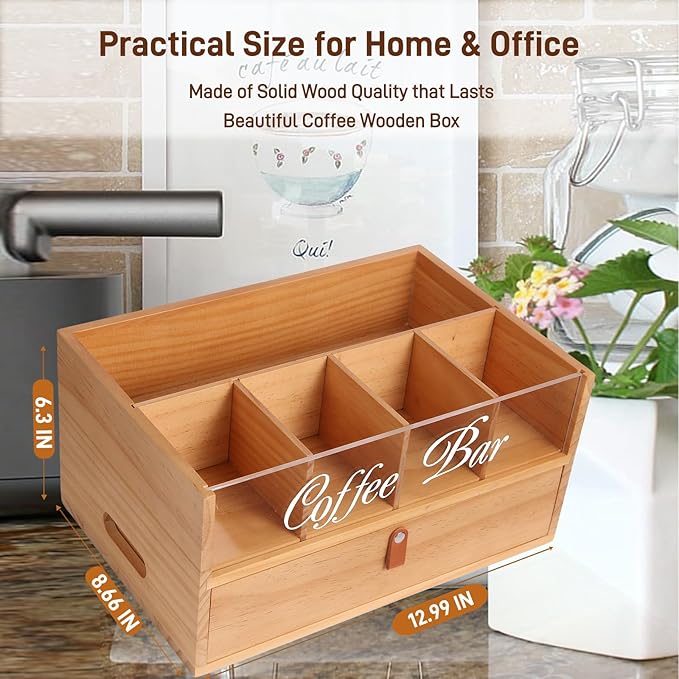 2-Tier Coffee Bar Organizer with Clear Acrylic Top, Built-in Drawer and Leather Handle Pull for Countertop, Stylish Coffee Station Storage Box for Accessories, Pods, Great Gifts for Home