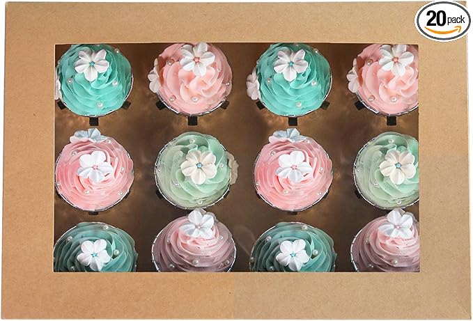 ONE MORE [20-Packs] Brown Cupcake Boxes 12 Holders, Cake Carrier Food Grade Kraft Pop-up Bakery Boxes 13.8 x 9.5 x 4inch with Inserts and PVC Windows Fits 12 Cavity Cupcake or Muffins Pack of 20
