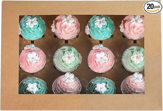 ONE MORE [20-Packs] Brown Cupcake Boxes 12 Holders, Cake Carrier Food Grade Kraft Pop-up Bakery Boxes 13.8 x 9.5 x 4inch with Inserts and PVC Windows Fits 12 Cavity Cupcake or Muffins Pack of 20