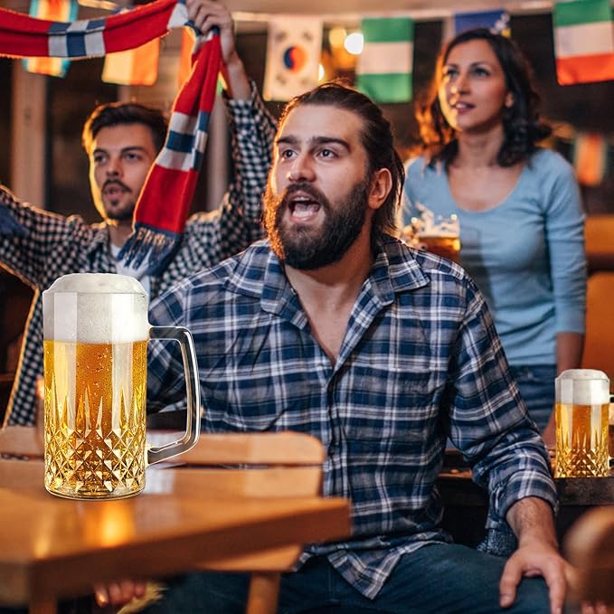 Beer Mug Set of 2, 20oz Crystal Beer Glasses with Handle, Glass Beer Mugs for Freezer, Gifts for Men