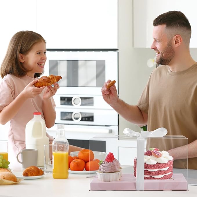 3Pcs Pink Bento Cake Cupcake Combo Boxes Valentine's Day 1+2 Bento Box with Clear Lid 2 Holes Pastry Sweets Cake Cupcake Combo Box Baking Supplies for Valentine Wedding Birthday Party(Pink 1+2/3Pcs)