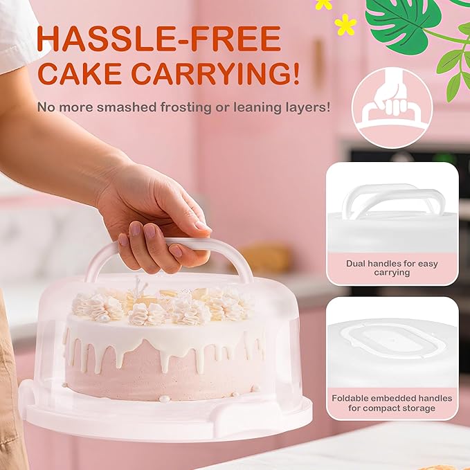 10" Round Cake Carrier Stand with Lid and Handle,Portable Two Sided Cake Holder Serves as 5 Section Fruit Tray,Cupcake Containers for 11 Cupcakes (White)
