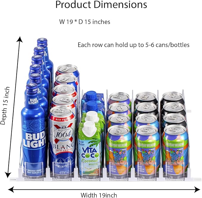 RULA Drink Organizer for Fridge, Width Adjustable Beverage Pusher Glide, Soda Can Dispenser for Refrigerator - Holds up to 30 Cans (15" D, 6 Rows)
