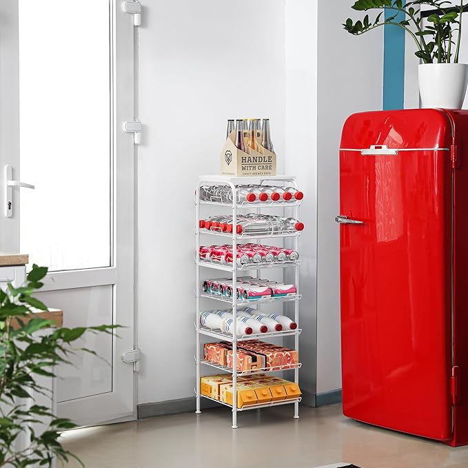 smusei Water Bottle Organizer 7 Tier Free Standing Bottled Water Storage Rack Metal Wire Water Bottle Holder Rack Large Capacity Soda Beverage Drink Stand Shelf for Pantry Kitchen Office, White