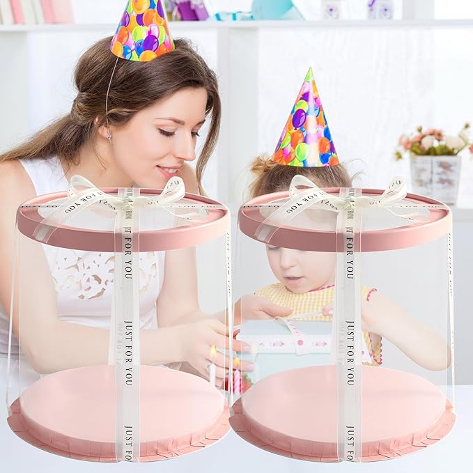 6Pcs Clear Pink Cake Boxes with Ribbon 8.5*9.5inch Round Transparent Cake Containers Tall Tiered Bakery Box 7inch and 6inch Cake Carrier Packaging Boxes for Birthday Party (Pink, Round 8.5inch/6pcs)