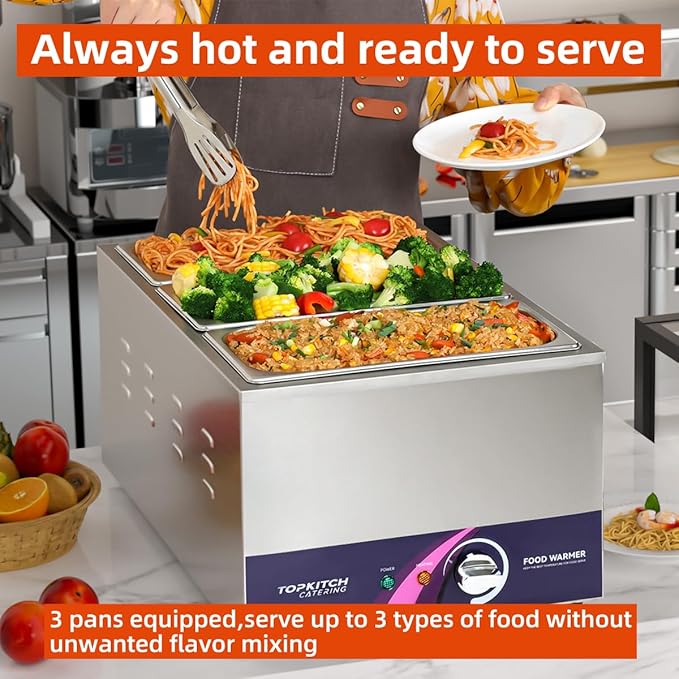 3-Pan 18L Commercial Food Warmer with Non-Leakage Stretch-Forming Water Tank &3 of 1/3 Size GN Pan,Countertop Soup Station Bain Marie Steam Table for Buffet,Catering,Parties and Restaurants