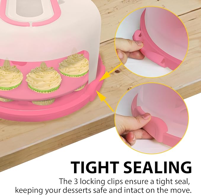 Pink Plastic Cake Carrier with Lid and Handle, Multipurpose Cupcake Holder Stand Serving Platter for 10'' Cake, Round Portable Dessert Storage Container Box with Cover for Pie Pizza Fruit Snack