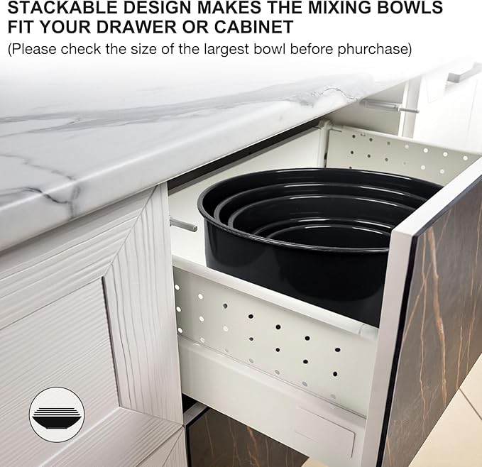 5-Piece Plastic Mixing Bowls with Lids Set for Kitchen, Nesting Bowls for Mixing, Baking, Prepping, Cooking and Serving Food, Black Mixing Bowls Dishwasher, Microwave Safe