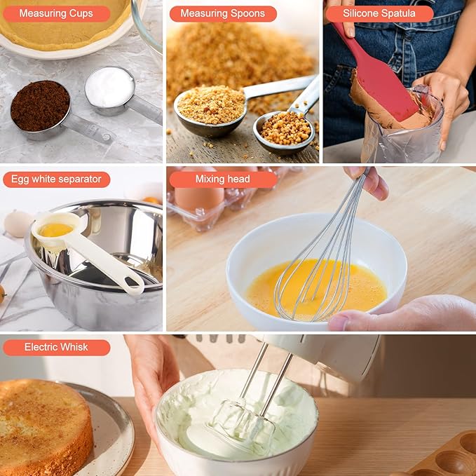 7-Speed Electric Hand Mixer,5 Large Mixing Bowls Set,Handheld Mixers with Whisks Beater,Stainless Steel Metal Nesting Bowl Measuring Cups Spoons Kitchen Cake Blender for Prep Baking Supplies