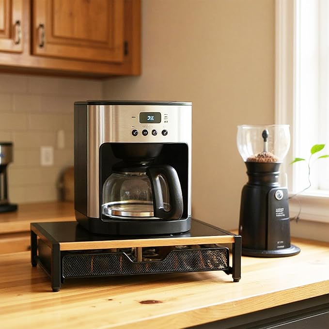 Coffee Pod Drawer,Coffee Station Organizer for Coffee Pod Storage,Movable Solid Wood Partition Board, Counter Coffee Bar Accessories for Nespresso Pods,Cream, Spoon, Sugar（Black)