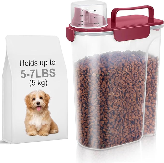 5-7Lbs Dog Cat Food Storage Container with Upgraded Large Nozzle BPA-free, 4 Snap Seals Plastic Pet Food Storage Containers with Handles (1, Elegant Red, 5L)