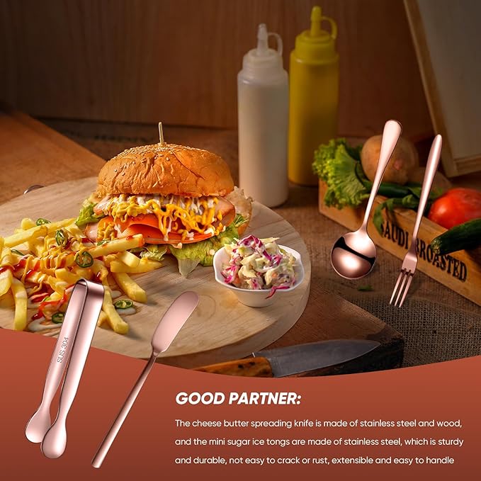 Patelai Cheese Butter Spreader Knives Set Charcuterie Accessories Stainless Steel Spreader Knives Charcuterie Boards Utensils Mini Serving Tongs Spoons and Forks for Appetizers Pastry(Rose Gold)