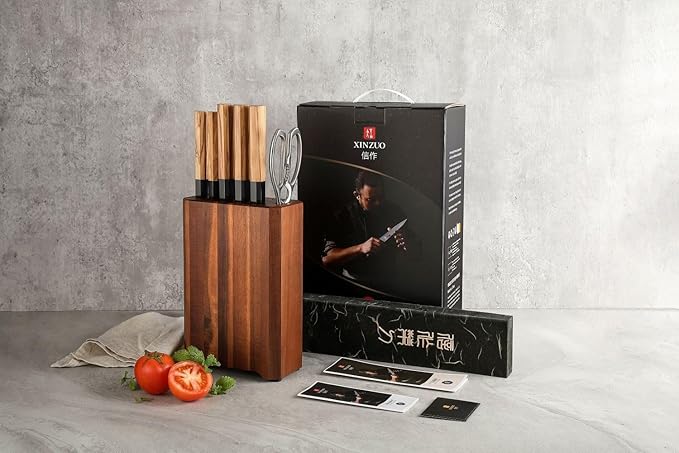 XINZUO Knife Block Set,Hand Forged 67 Layers Damascus Steel,7 Pieces Professional Chef Knife Set with Block&Kitchen Shear&Block, Razor Sharp, Olive Wood Octagonal Handle,Exquisite Box Package