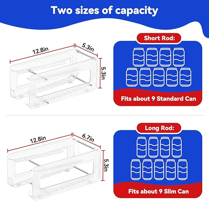 2 Pack Soda Can Organizer,Can Dispenser for Refrigerator Drink Storage Rack for Standard and Tall Can Pop Can Holders for Pantry Cabinet Clear