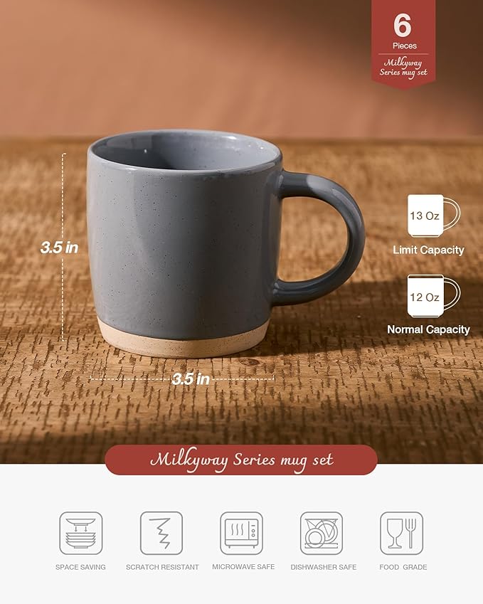 famiware Coffee Mugs for 6, 13 oz Mug Set, Dringking Cup with Handle for Coffee, Tea, Cocoa, Milk, Milkyway serise, Dark Gray