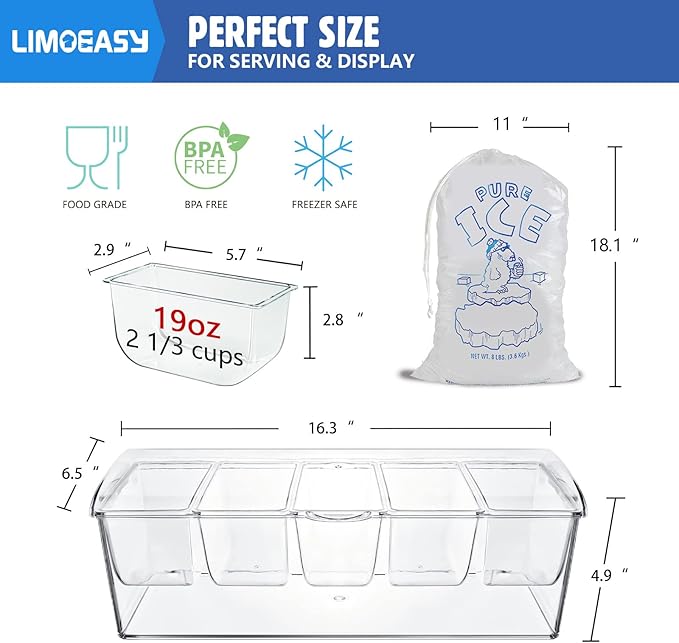 LIMOEASY Chilled Condiment Server, Clear Garnish Tray with Lid for Bar for Parties with 5 Removable Compartments, Ice Serving Bowl, Serving Containers for Fruit, Caddy, Snack, Sauce