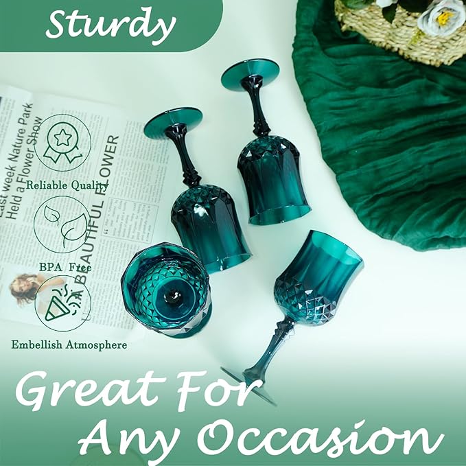 Plastic Wine Glasses，Plastic Goblets Vintage Style Cordial Drinking Glasses for Wedding Reception, Christmas Grand Event Party Supplies (48, Green)