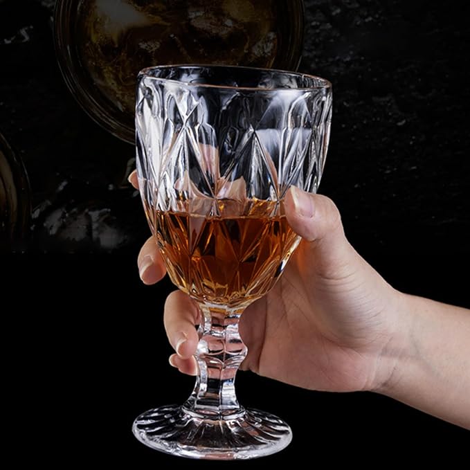 SOUJOY 6 Pack Glasses Goblet, 10oz Vintage Embossed Glass Cup, Beverage Stemmed Party Wine Glasses for Soda, Juice in Bars, Restaurants, Home