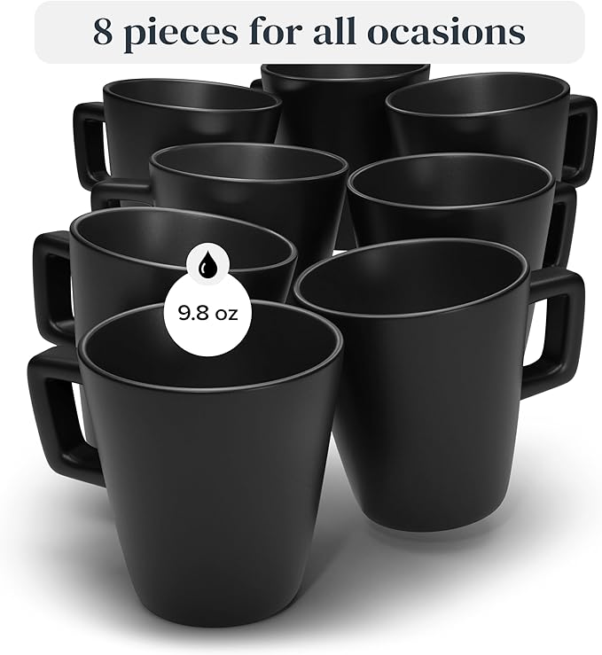 Stoneware coffee mugs set 8 pcs – 12 oz matte black ceramic cups – Dishwasher and microwave safe – Stylish large mug set – Dinner service Pure Living