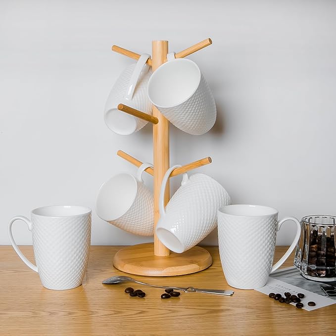 12 Oz Coffee Mugs Set of 6, Fine Bone China Mugs, White Ceramic Coffee Cups, Rhombus Relief Texture, Lightweight Tea Mugs for Latte, Hot Cocoa, Women, Men