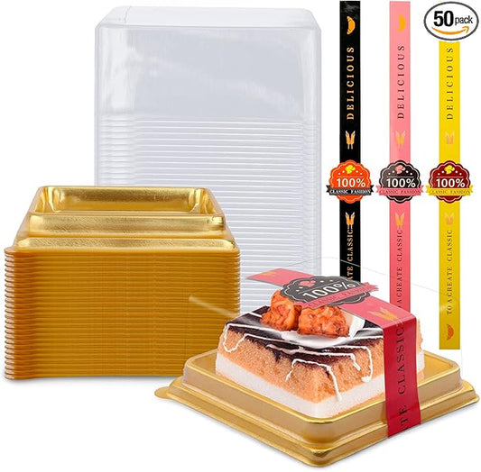 50 Pcs 3.5 Inch Mini Cake Box, Clear Plastic Cupcake Container for Muffins, Cookies, Mooncakes - Small Single Dessert Holder for Wedding, Birthday - Bonus 50 Pcs Gold Stickers