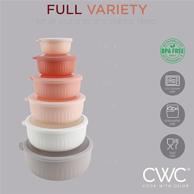 COOK WITH COLOR Prep Bowls with Lids- 12 Piece Nesting Plastic Small Mixing Bowl Set with Lids (Multi Colored), Grey/Pink