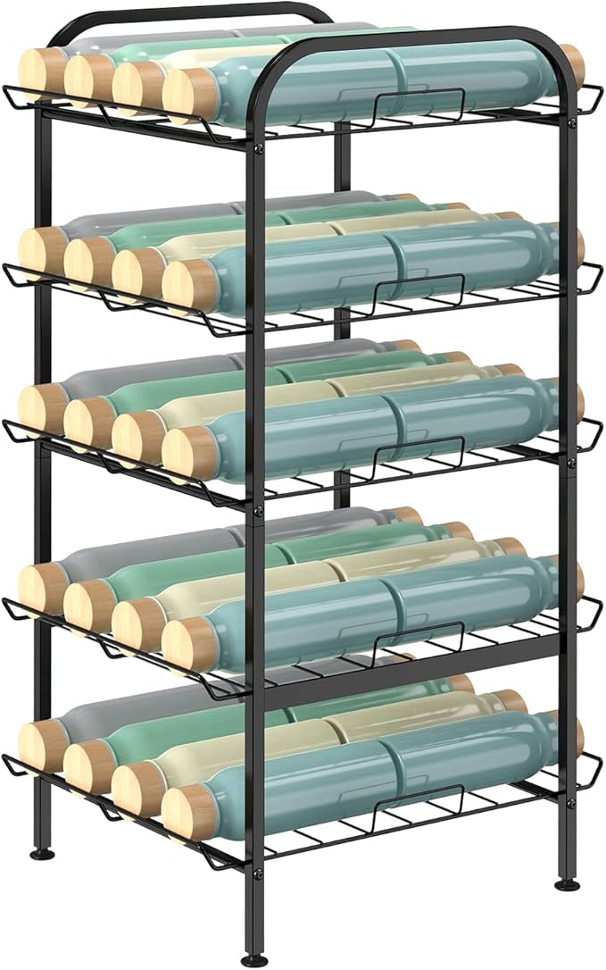 Water Bottle Organizer 5 Tier FreeStanding Water Bottle Storage Shelf Adjustable Water Bottle Holder Stand Metal Beverage Can Rack for Pantry Kitchen Party Black