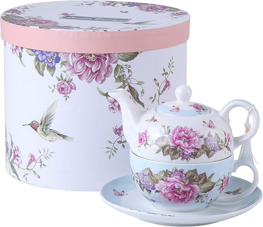London Boutique Tea for One Teapot Cup Saucer Set Vintage Bird Rose Butterfly Flora New Bone China Gift Box (Blue)