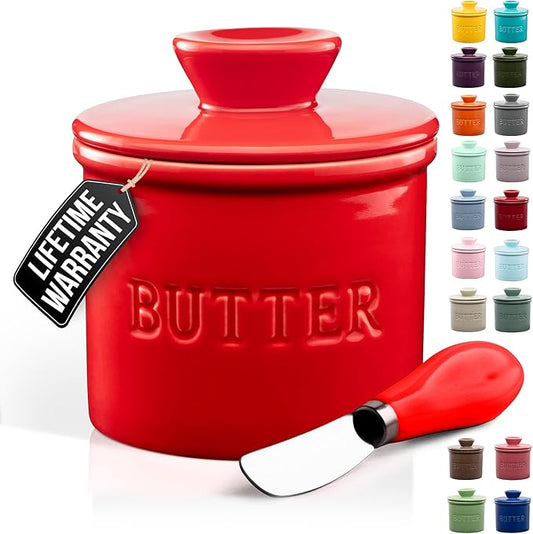 Zulay Kitchen Porcelain Butter Crock With Lid & Knife - Authentic French Butter Dish For Fresh & Spreadable Butter - Red