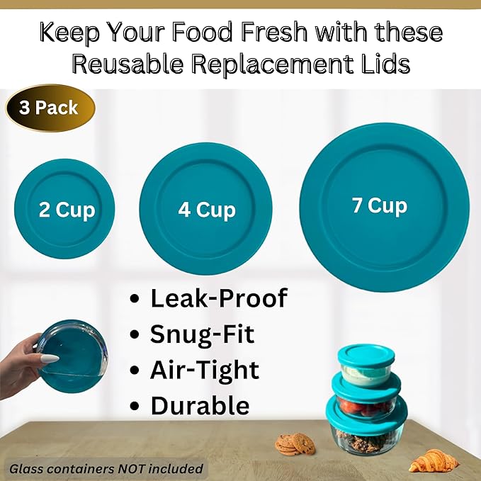 2, 4 & 7 Cup Turquoise Replacement Lids/Covers for Pyrex, Anchor Hocking & KlareWare Storage Bowls *Lids Only Glass Container Not Included* (3 Pack *One of Each Size*)