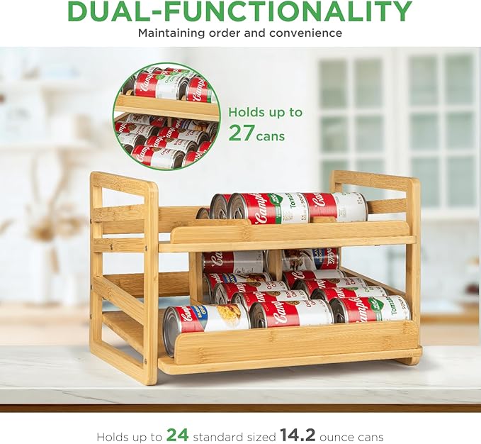 Bamboo Rolling Can Organizer for Pantry, Stackable 2 Tier Canned Food Organizer Rack for Storage, Kitchen Cabinet, Can Holders Dispensers for Pantry Up To 27 Cans