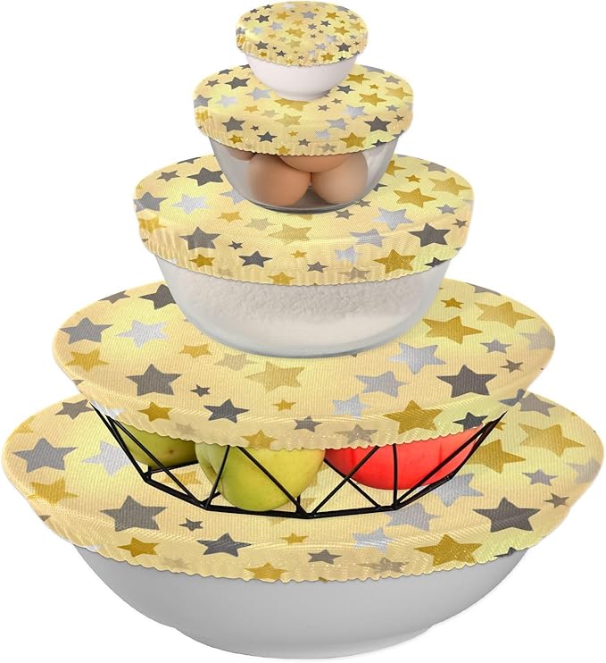 5 Pcs Bowl Covers Reusable in 5 Size Elastic Food Cover Cloth Lids Fresh Keeping Dish Cookware Bakeware Fabric Covers Lids for Food Leftovers Fruits Storage Cute Silver and Golden Stars