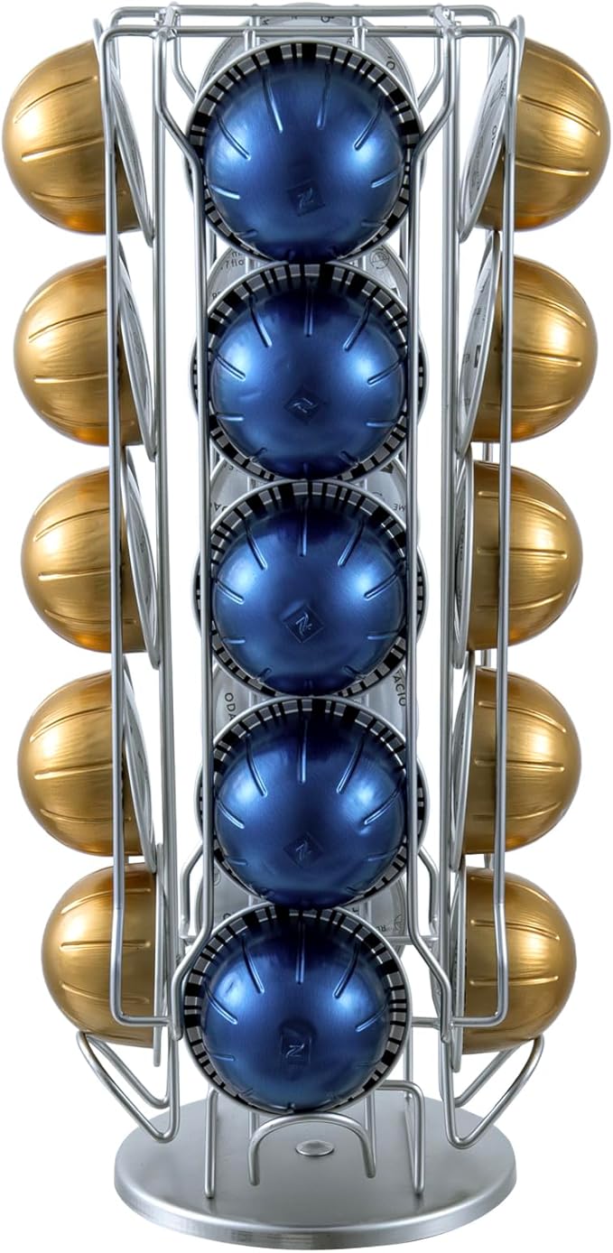 MyGift Silver Chrome-Plated Metal Coffee Pod Capsule Holder Stand Rotating Carousel, Compatible with Vertuoline Pod, Coffee Bar Organizer Rack - Holds 20 Capsules