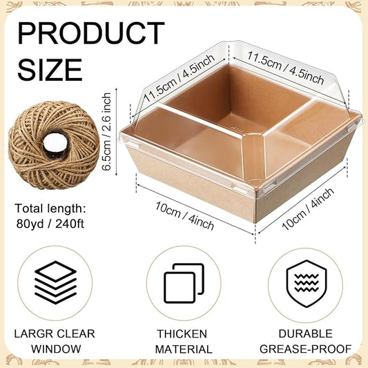 Ctosree 100 Pcs Paper Charcuterie Boxes with Clear Lids 4.5 Inches Disposable Cake Square Dessert Container Bakery Boxes Bundle with Rope for Food Cake Slice Cookie Sandwich Dessert(Brown)