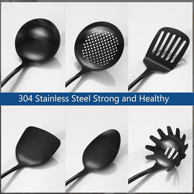 304 Stainless Steel Kitchen Utensils Set, 6 Pcs Long Cooking Utensils Set with Wooden Handle, Large Heat Resistant Kitchen Tools(Black, Dishwasher Safe)