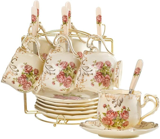 YOLIFE Ivory Pink Rose Tea Cups and Saucers Set of 6, 8 oz Vintage Floral Porcelain Tea Cups Set, Coffee Cups with Golden Rack